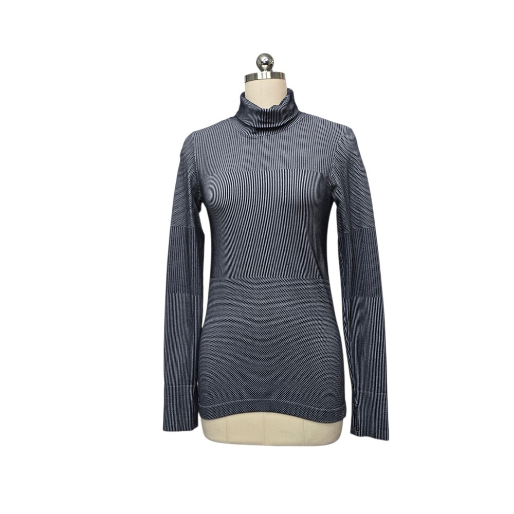 Athleta Womens Size Small Black White Striped Seamless Turtleneck Top Thumbholes